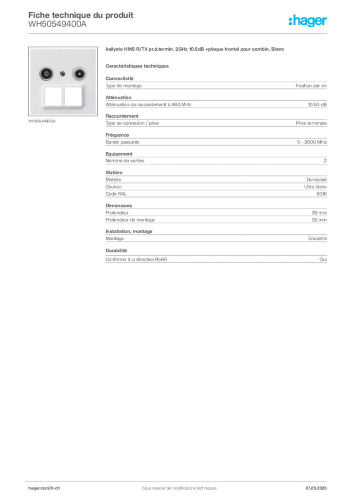 Image Hager Fiche technique du produit WH50549400A | Hager Suisse
