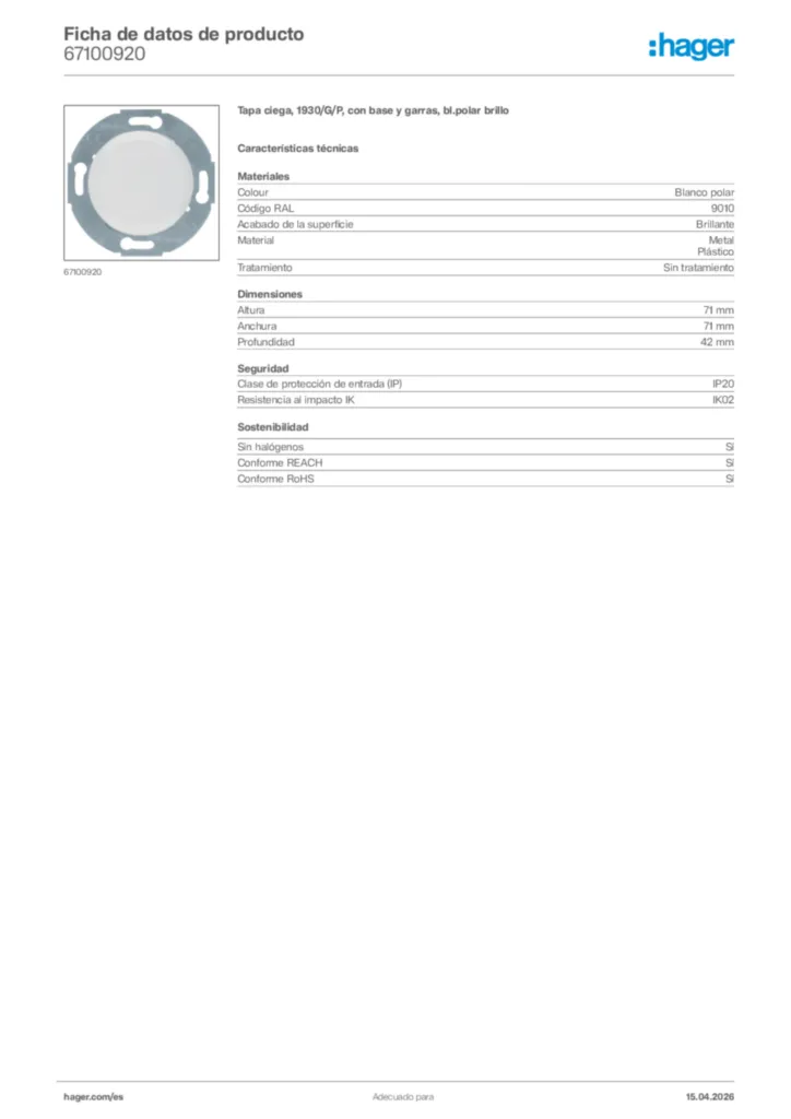 Imagen Hager Ficha de datos de producto 67100920 | Hager España
