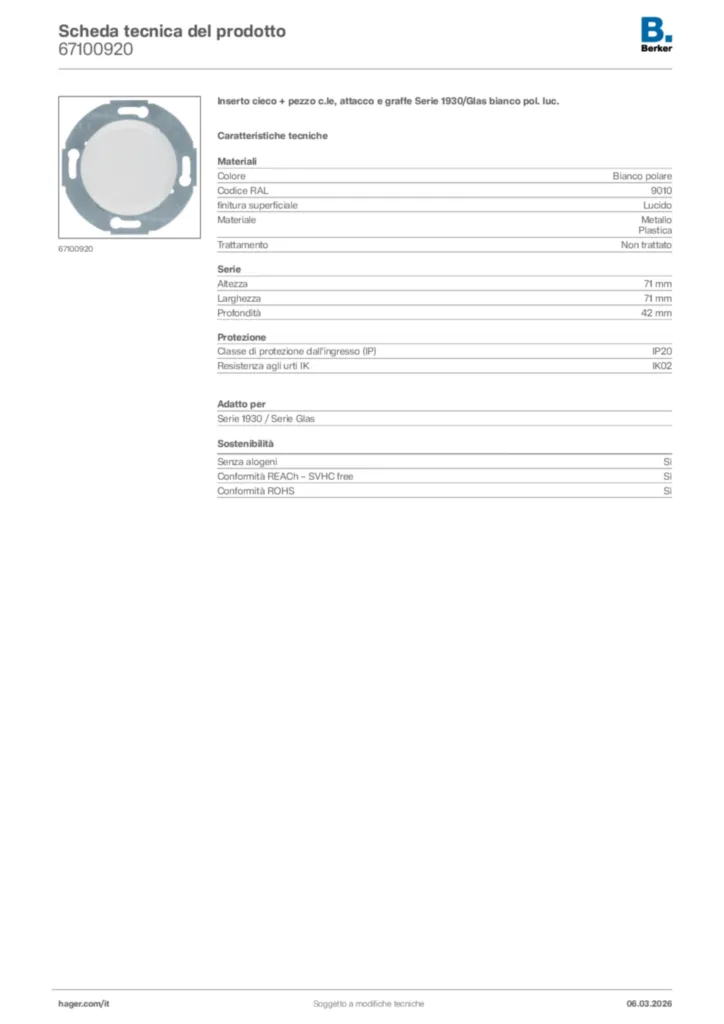 Immagine Berker Scheda tecnica del prodotto 67100920 | Hager Italia