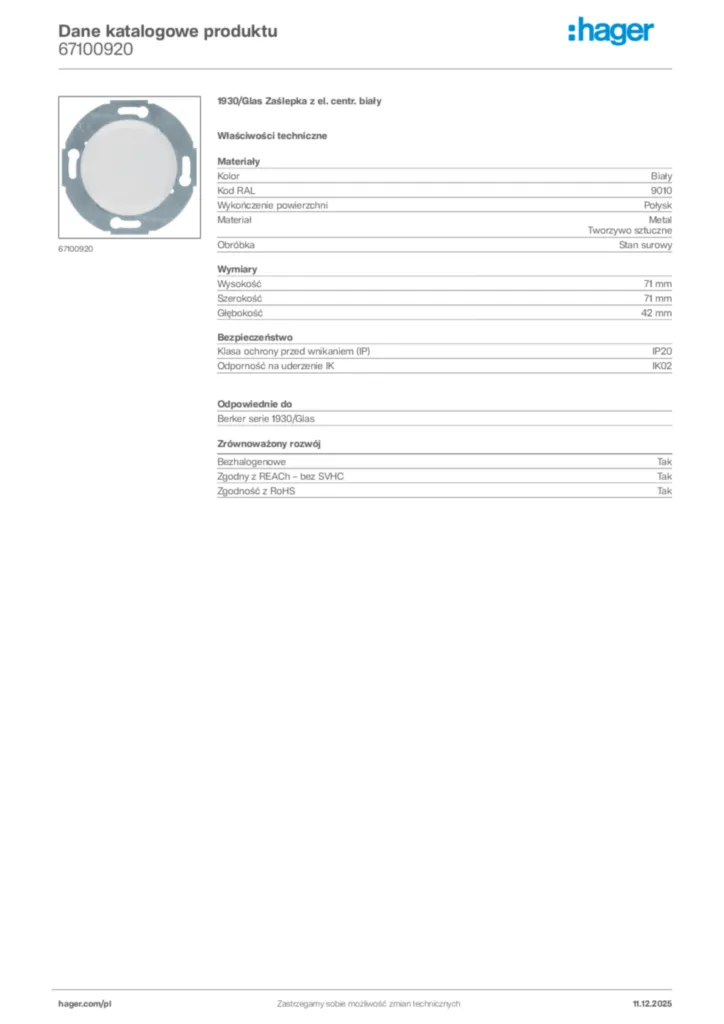 Zdjęcie Hager Dane katalogowe produktu 67100920 | Hager Polska
