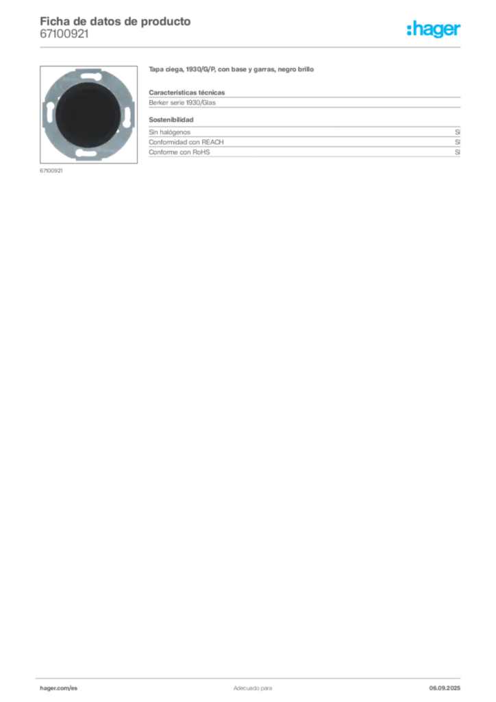 Imagen Hager Ficha de datos de producto 67100921 | Hager España