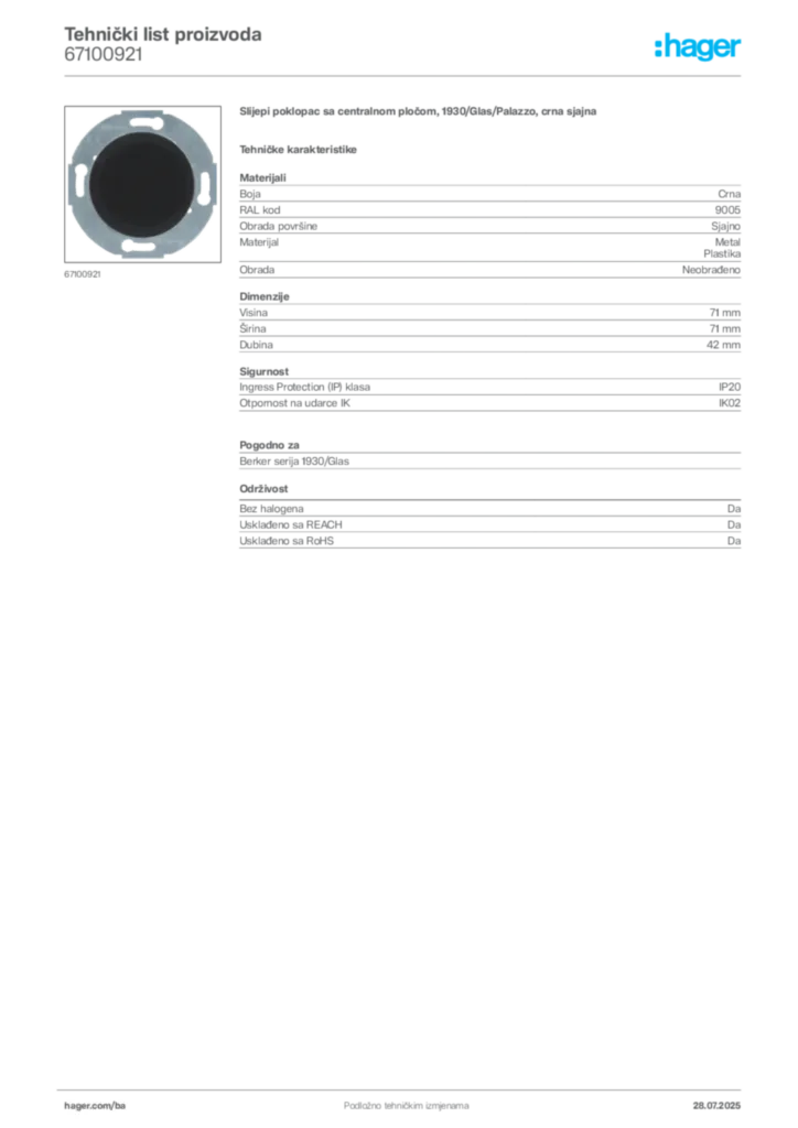 Slika Hager Product data sheet 67100921  | Hager