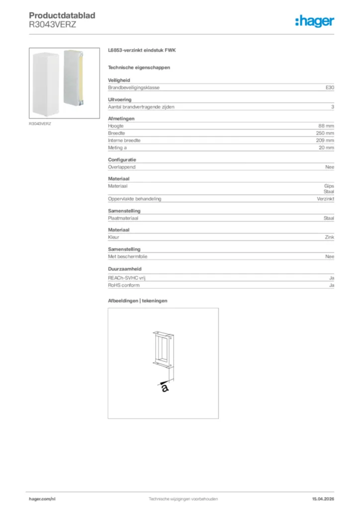 Afbeelding Hager Productdatablad R3043VERZ | Hager Nederland