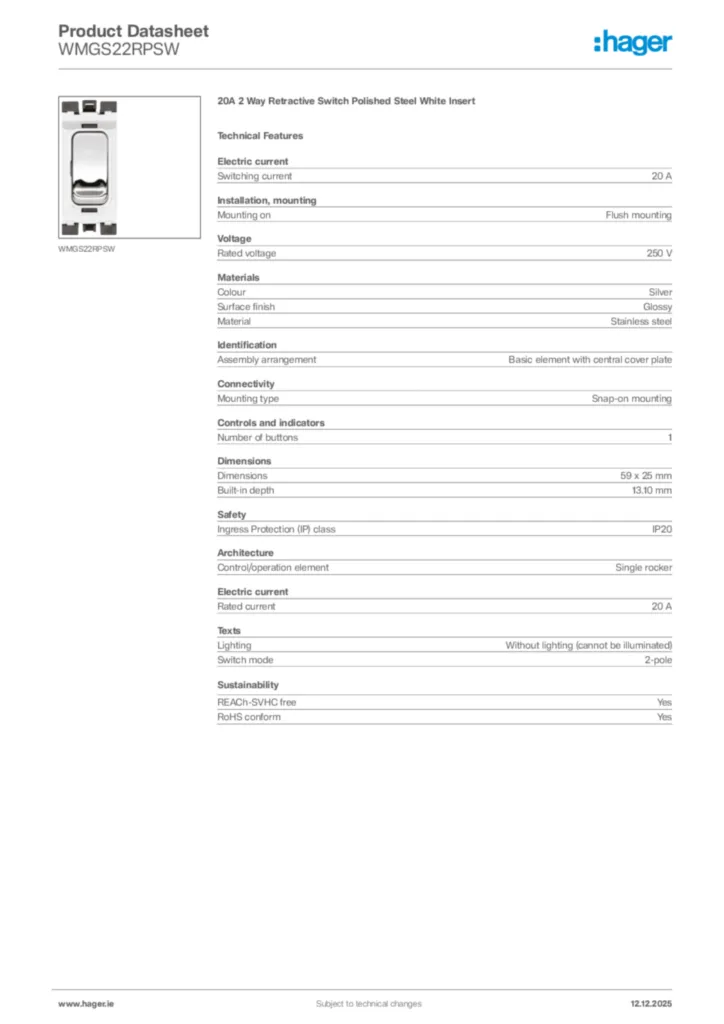 Image Hager Product data sheet WMGS22RPSW  | Hager
