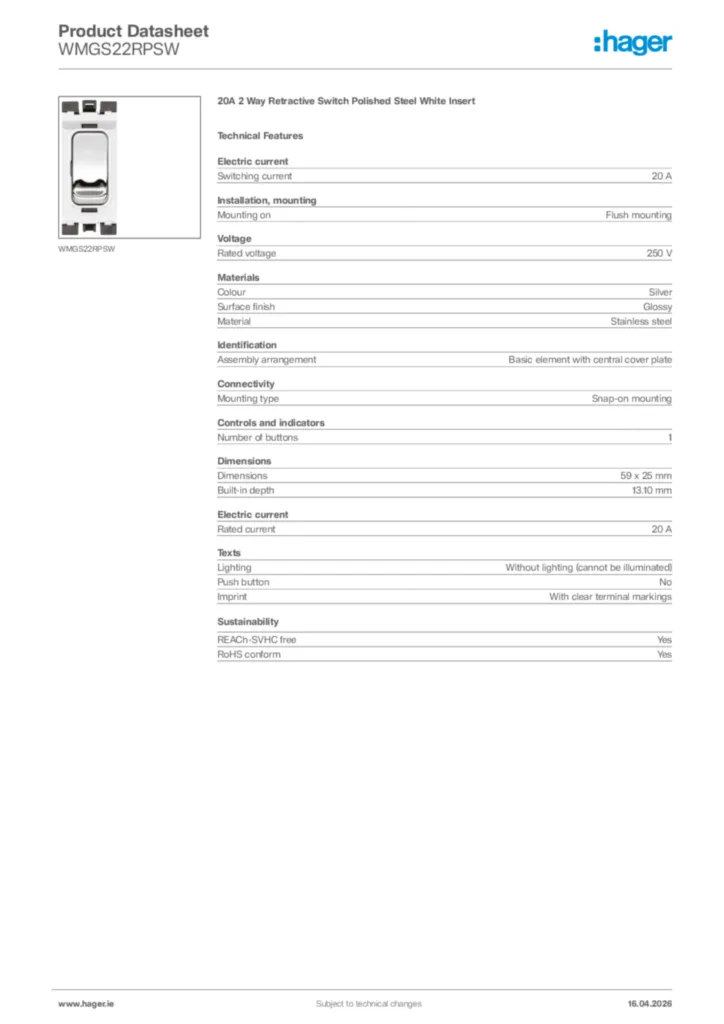Image Hager Product data sheet WMGS22RPSW  | Hager