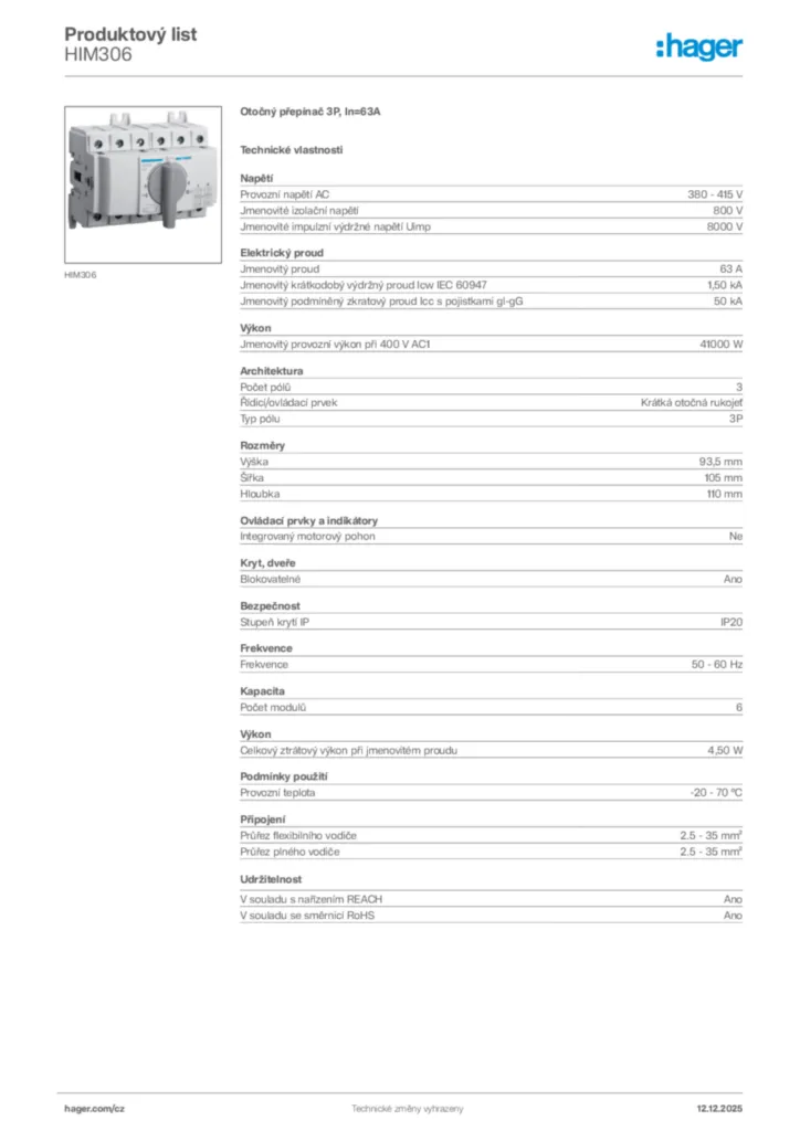 Obrázek Hager Produktový list HIM306 | Hager