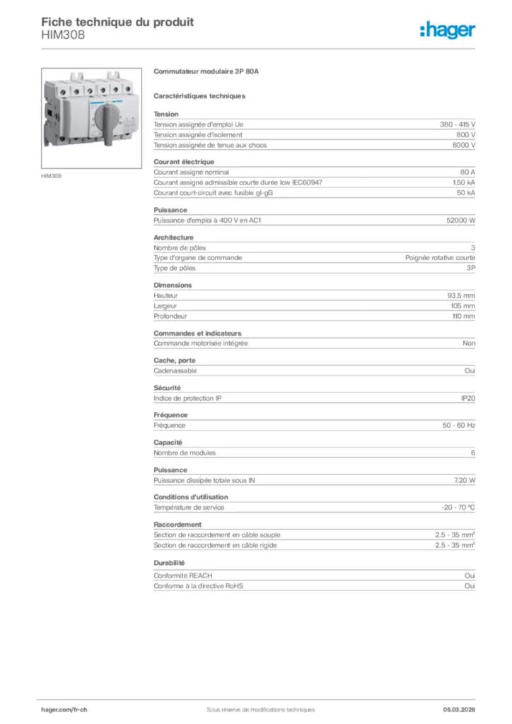 Image Hager Fiche technique du produit HIM308 | Hager Suisse