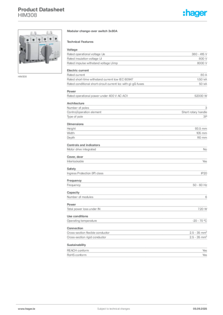 Image Hager Product data sheet HIM308  | Hager