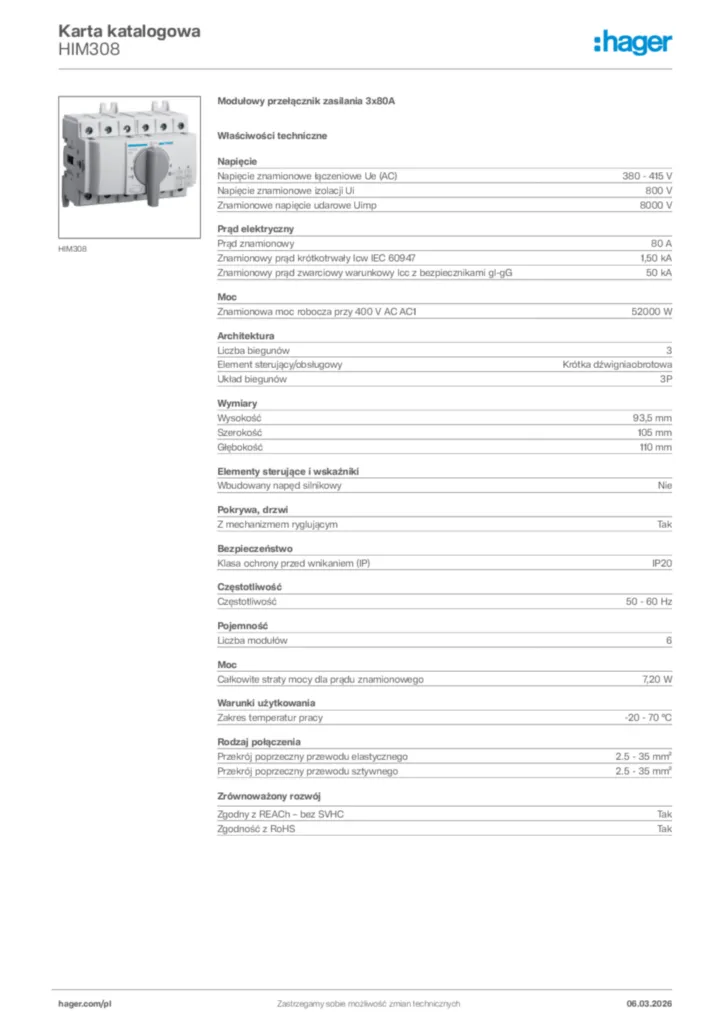 Zdjęcie Hager Karta katalogowa HIM308 | Hager Polska