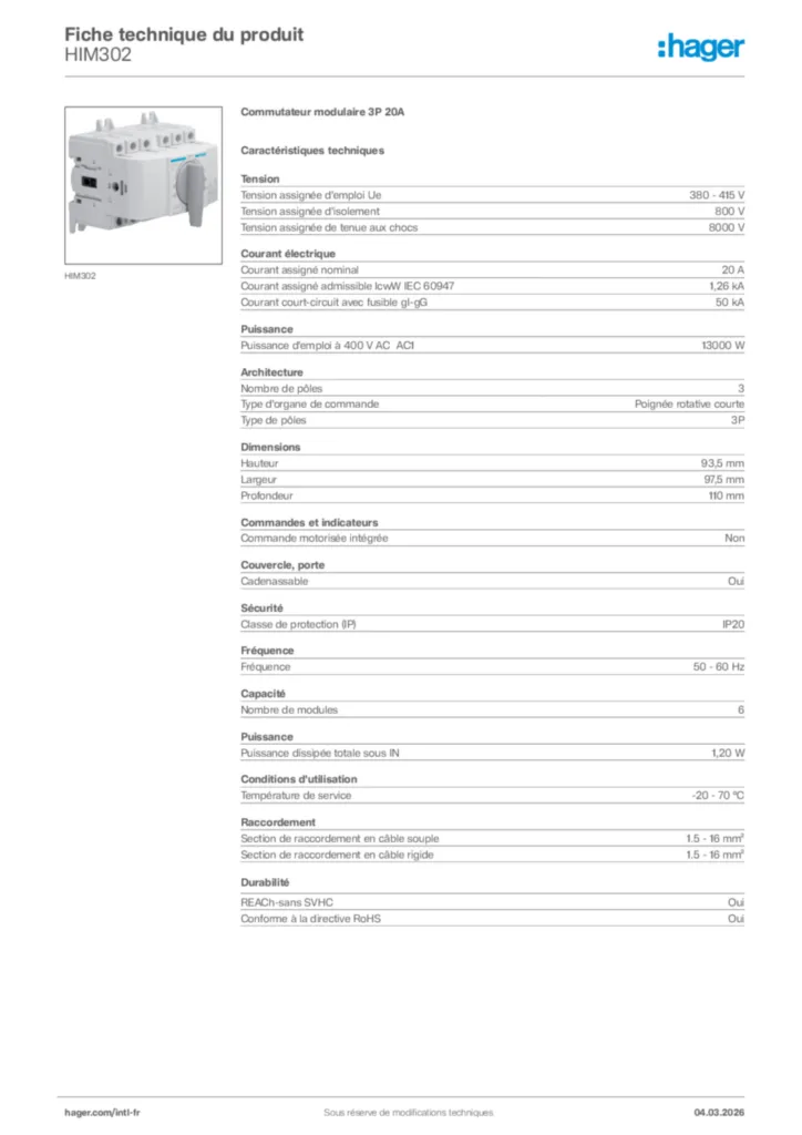 Image Hager Fiche technique du produit HIM302 | Hager Afrique