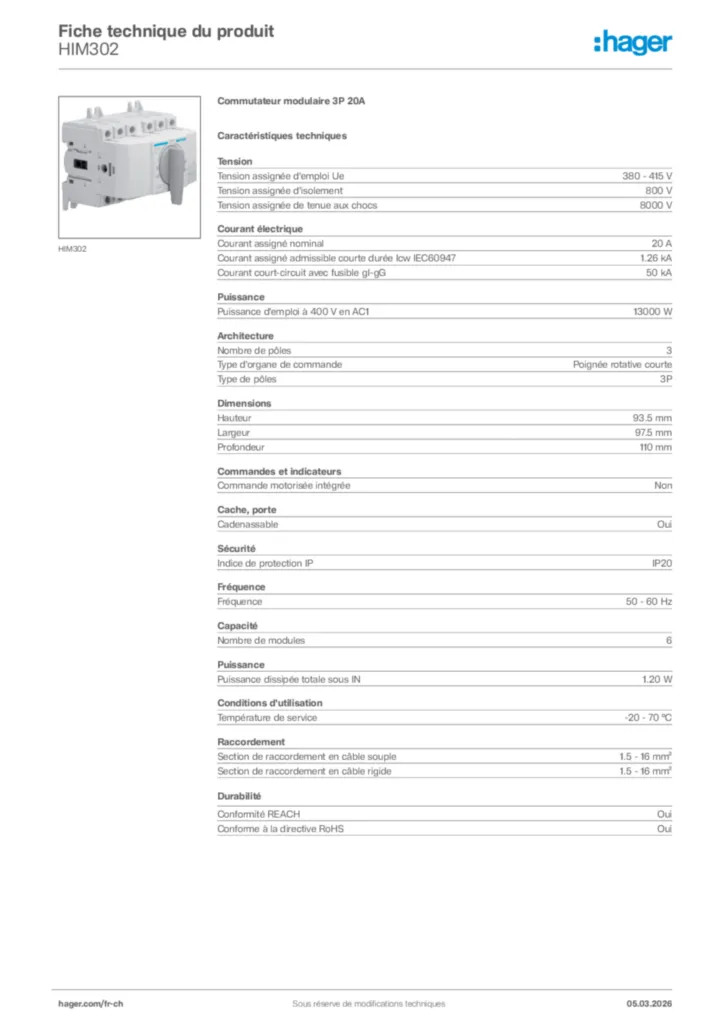 Image Hager Fiche technique du produit HIM302 | Hager Suisse