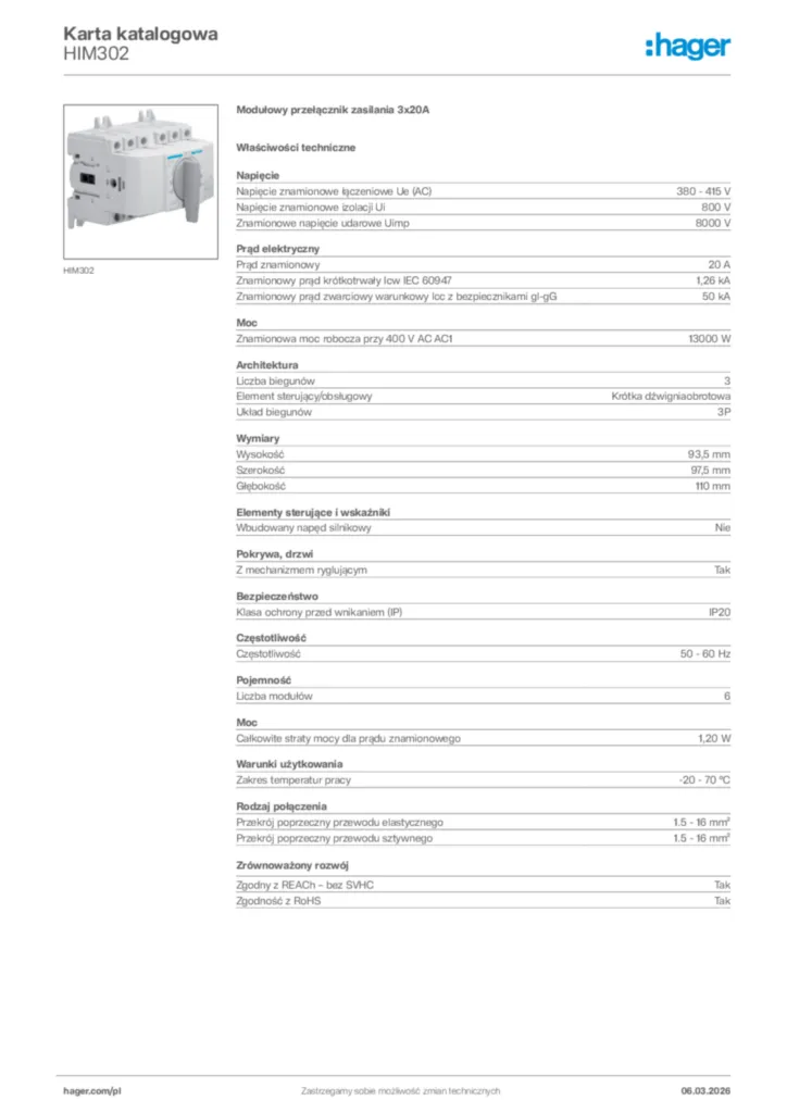 Zdjęcie Hager Karta katalogowa HIM302 | Hager Polska