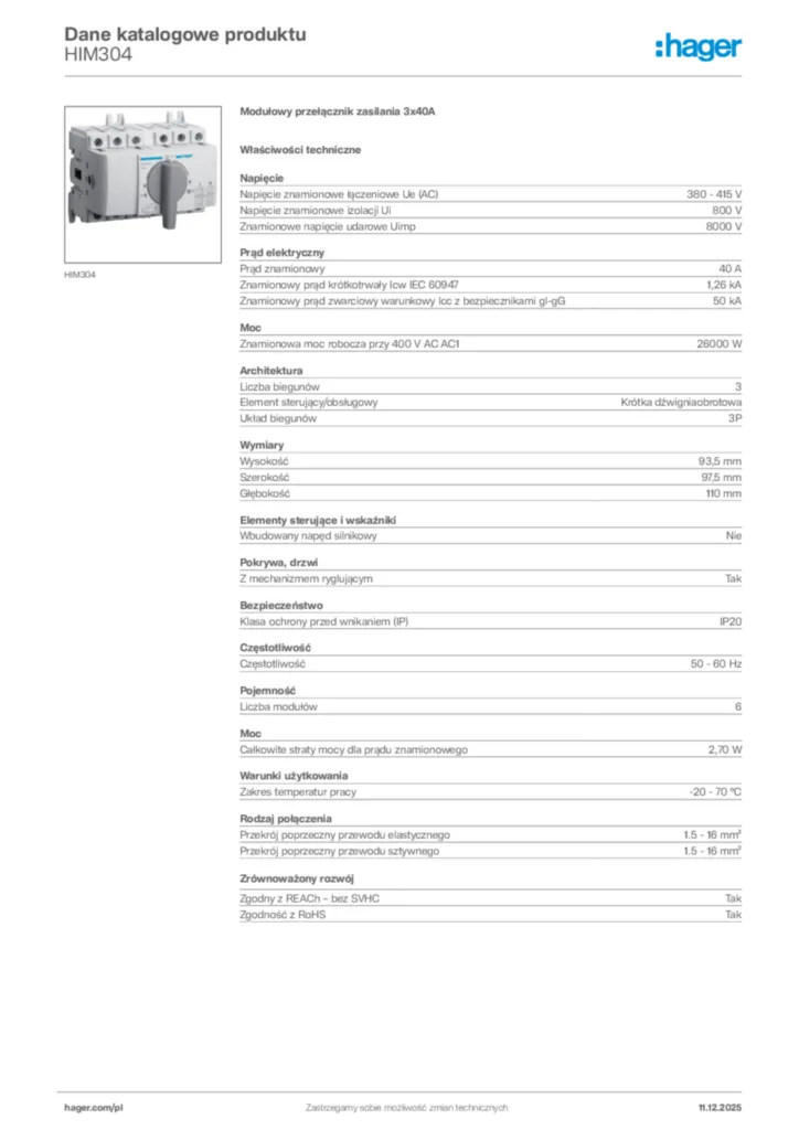 Zdjęcie Hager Dane katalogowe produktu HIM304 | Hager Polska
