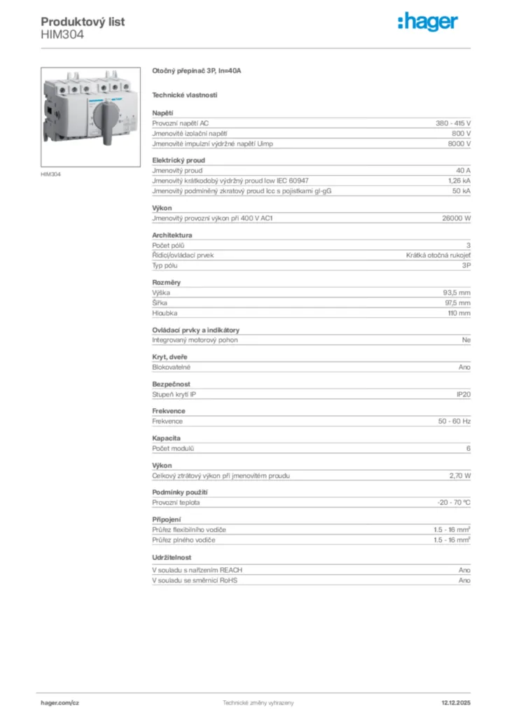 Obrázek Hager Produktový list HIM304 | Hager