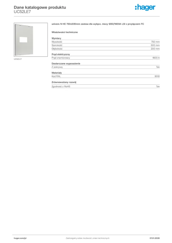 Zdjęcie Hager Karta katalogowa UC52LE7 | Hager Polska