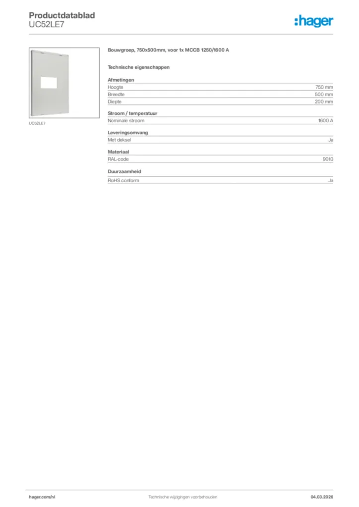 Afbeelding Hager Productdatablad UC52LE7 | Hager Nederland