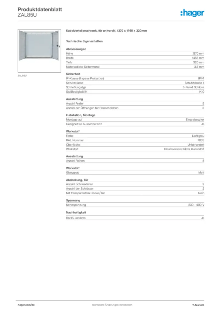 Bild Hager Produktdatenblatt ZAL85U | Hager Deutschland