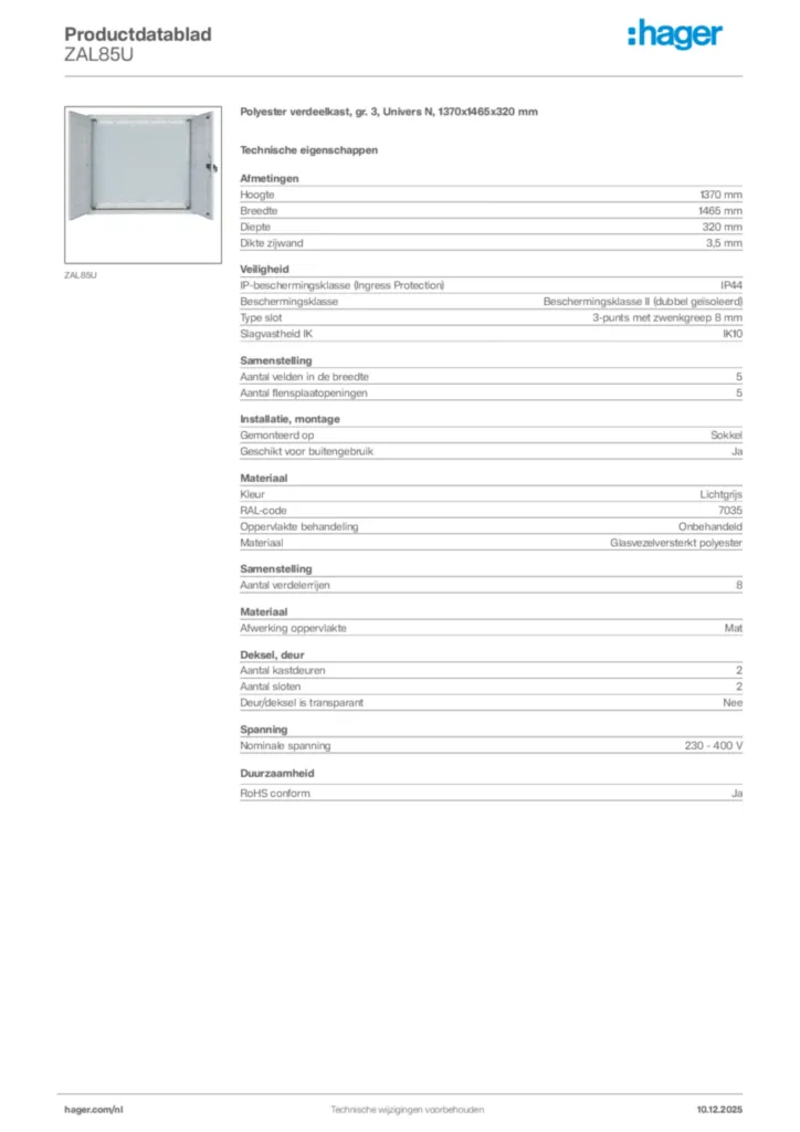 Afbeelding Hager Productdatablad ZAL85U | Hager Nederland