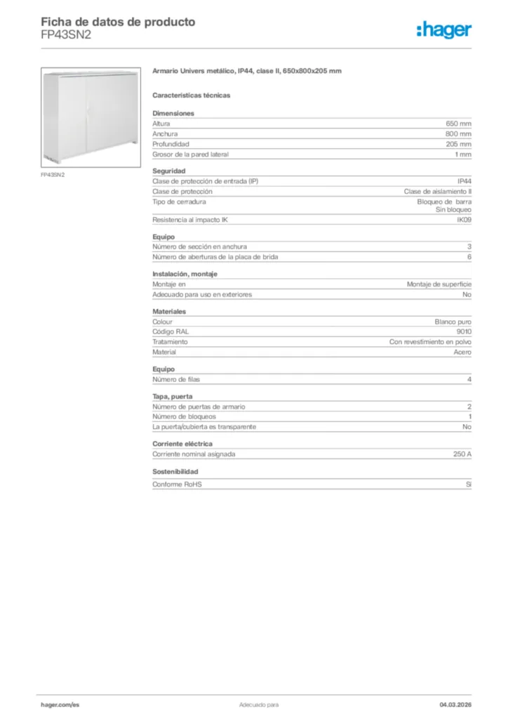 Imagen Hager Ficha de datos de producto FP43SN2 | Hager España