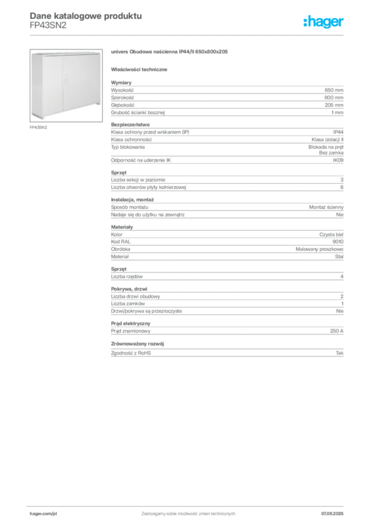 Zdjęcie Hager Dane katalogowe produktu FP43SN2 | Hager Polska