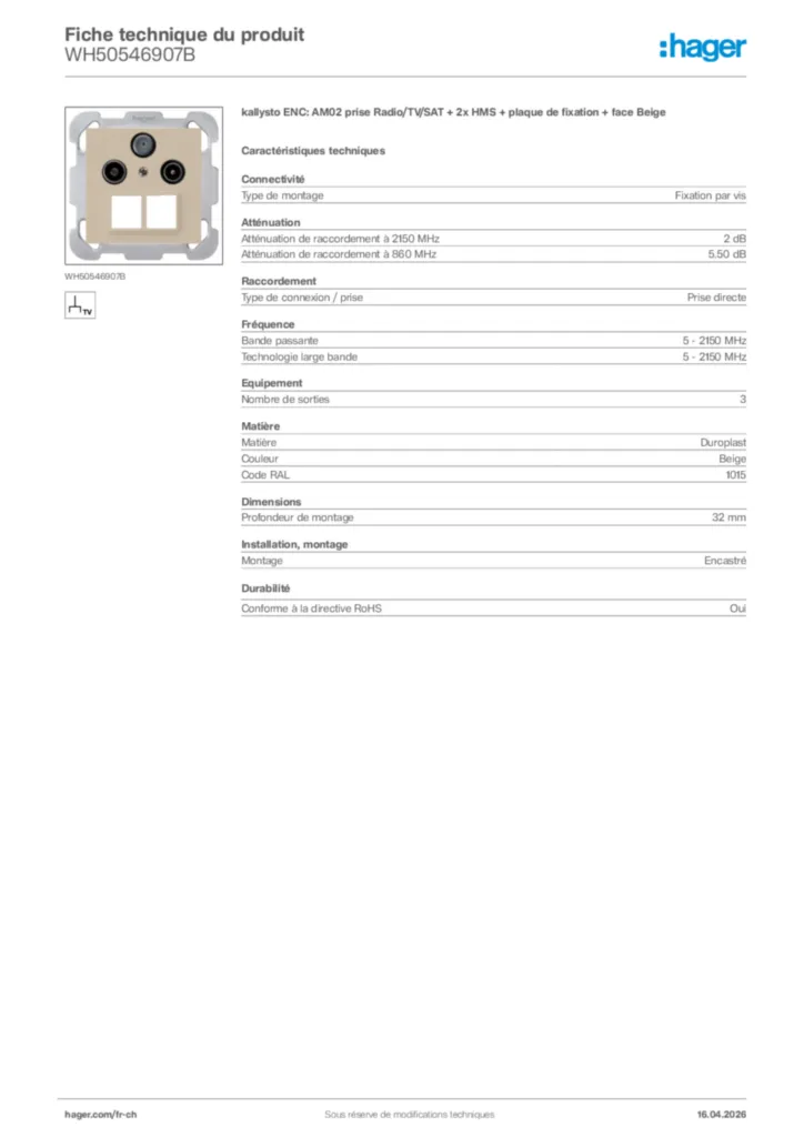 Image Hager Fiche technique du produit WH50546907B | Hager Suisse