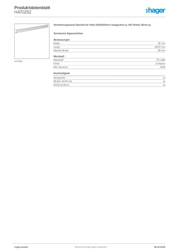 Bild Hager Produktdatenblatt HA70252 | Hager Deutschland
