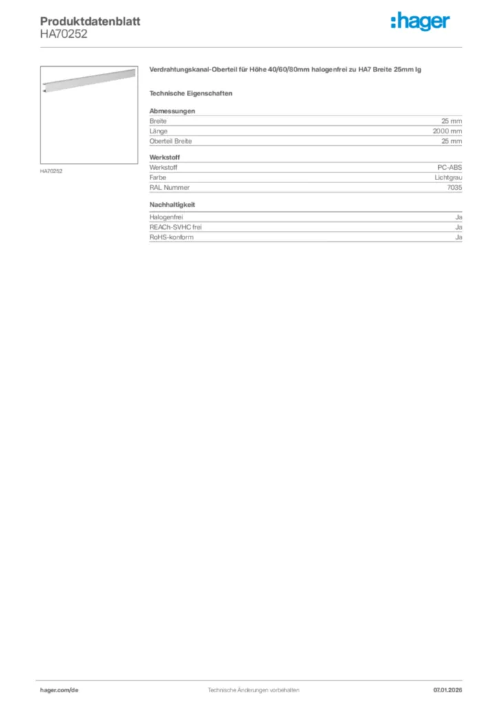 Bild Hager Produktdatenblatt HA70252 | Hager Deutschland