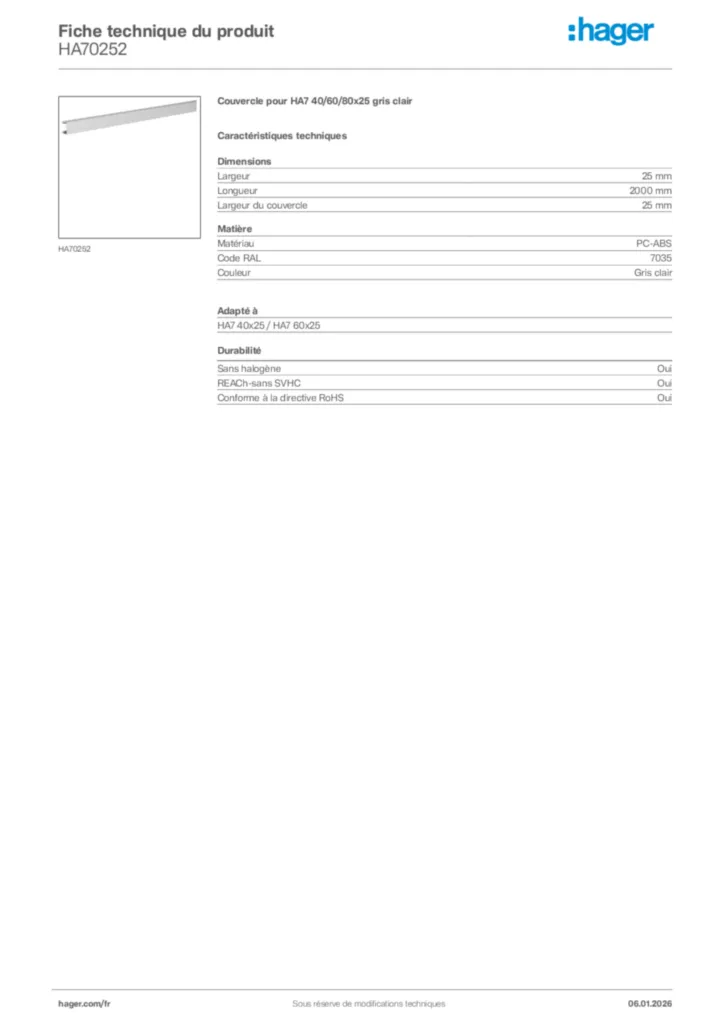 Image Hager Fiche technique du produit HA70252 | Hager France