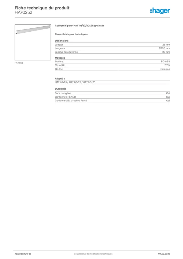 Image Hager Fiche technique du produit HA70252 | Hager Belgique