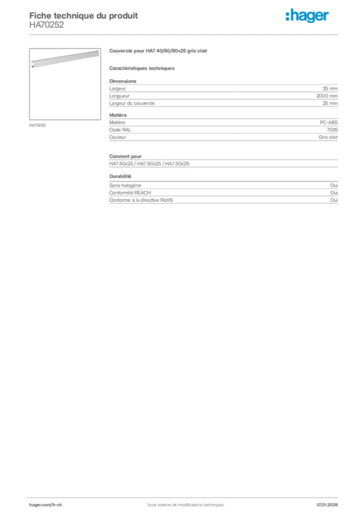 Image Hager Fiche technique du produit HA70252 | Hager Suisse