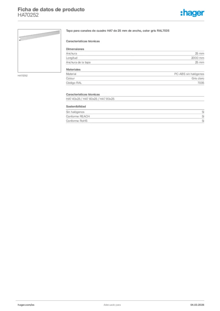 Imagen Hager Ficha de datos de producto HA70252 | Hager España
