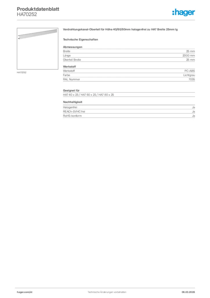 Bild Hager Produktdatenblatt HA70252 | Hager Deutschland