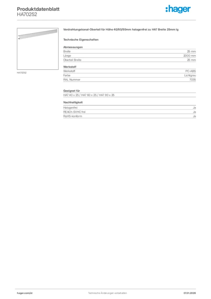 Bild Hager Produktdatenblatt HA70252 | Hager Deutschland