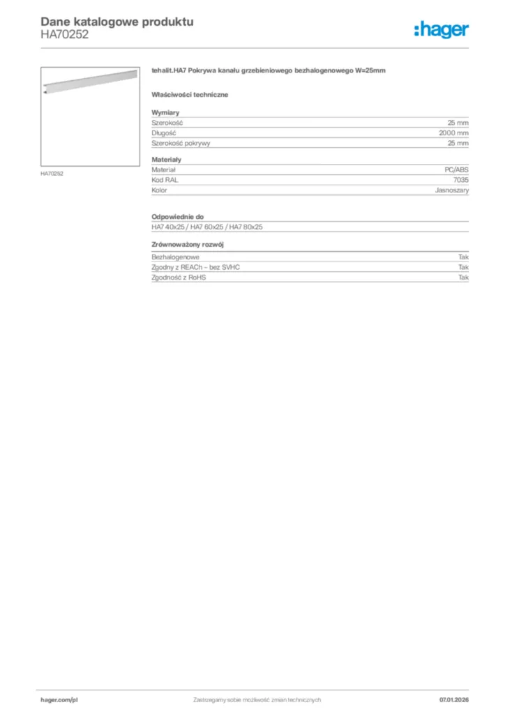 Zdjęcie Hager Karta katalogowa HA70252 | Hager Polska