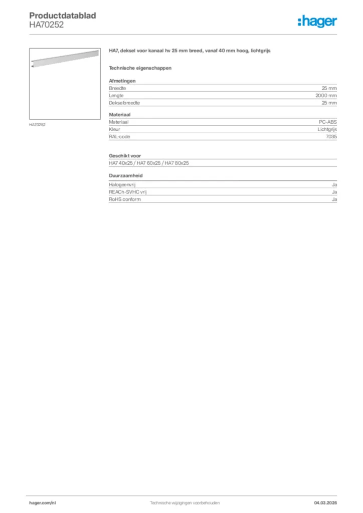 Afbeelding Hager Productdatablad HA70252 | Hager Nederland