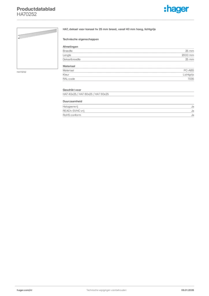 Afbeelding Hager Productdatablad HA70252 | Hager Nederland