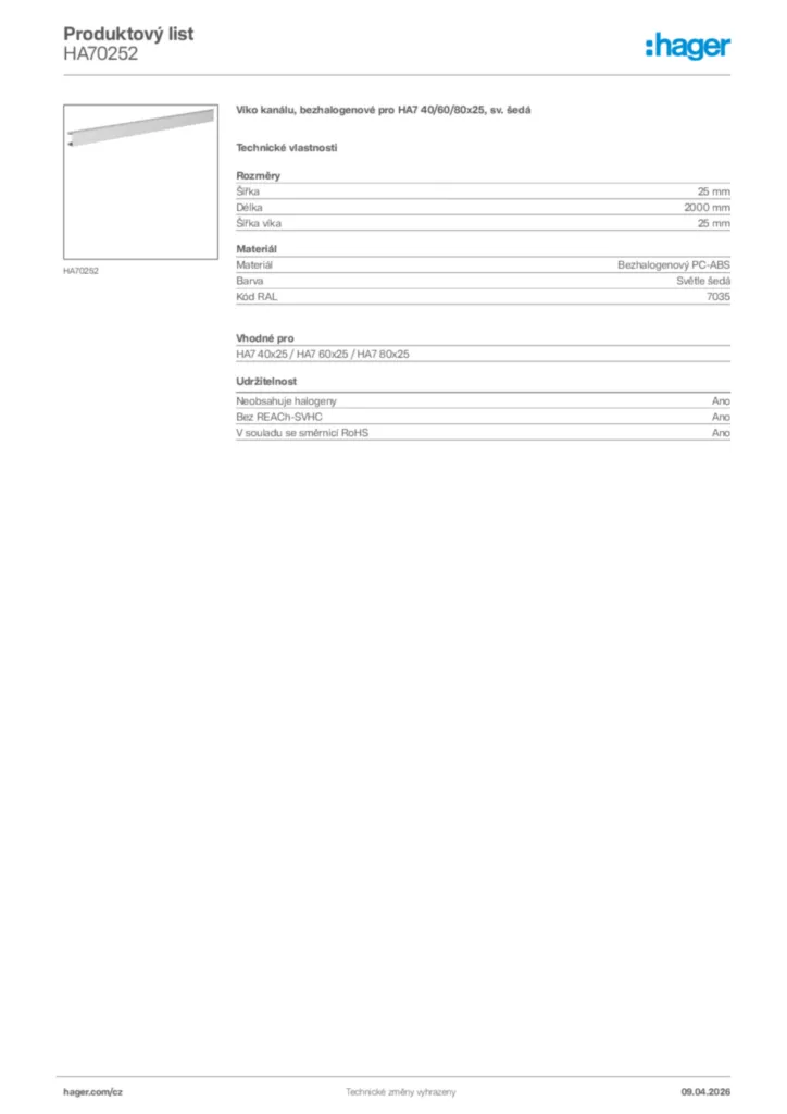 Obrázek Hager Product data sheet HA70252 | Hager