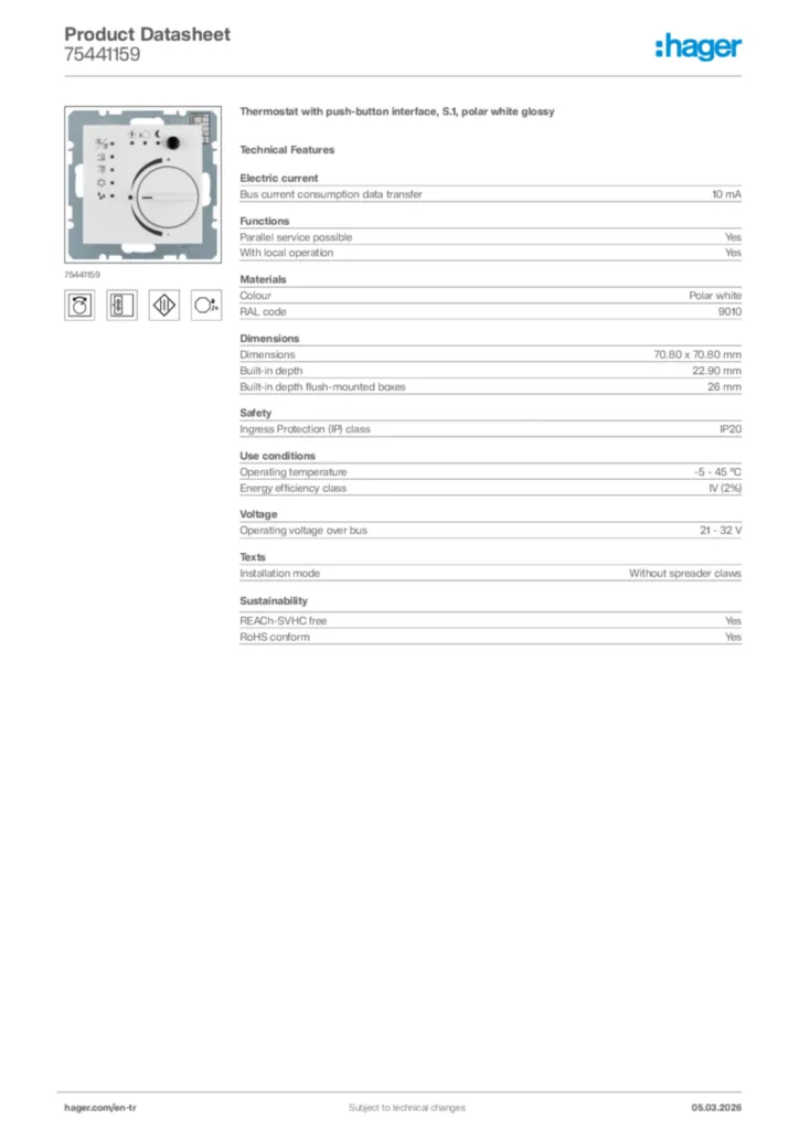 Image Hager Product data sheet 75441159  | Hager