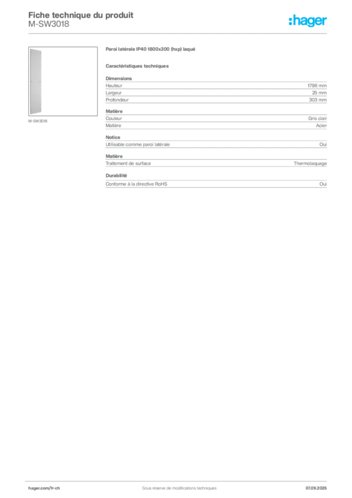 Image Hager Fiche technique du produit M-SW3018 | Hager Suisse