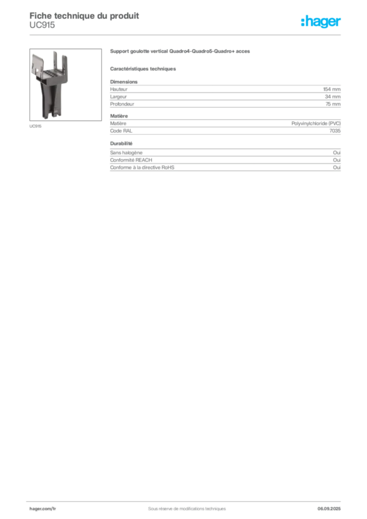 Image Hager Fiche technique du produit UC915 | Hager France