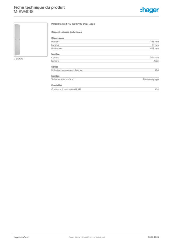 Image Hager Fiche technique du produit M-SW4018 | Hager Suisse