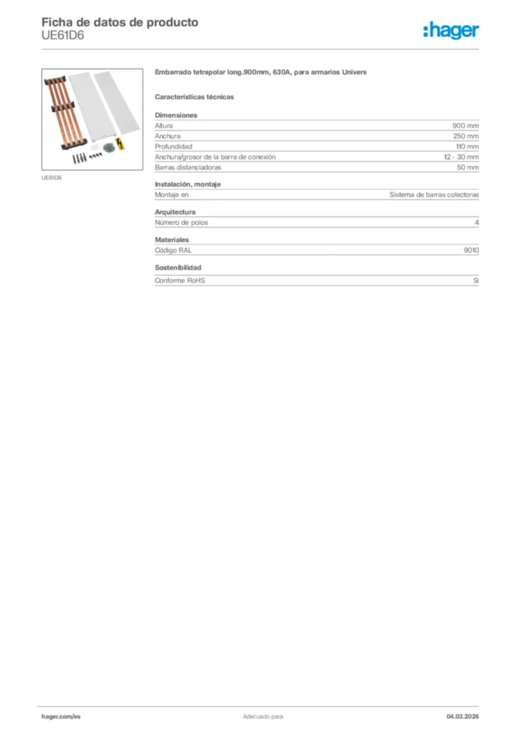 Imagen Hager Ficha de datos de producto UE61D6 | Hager España