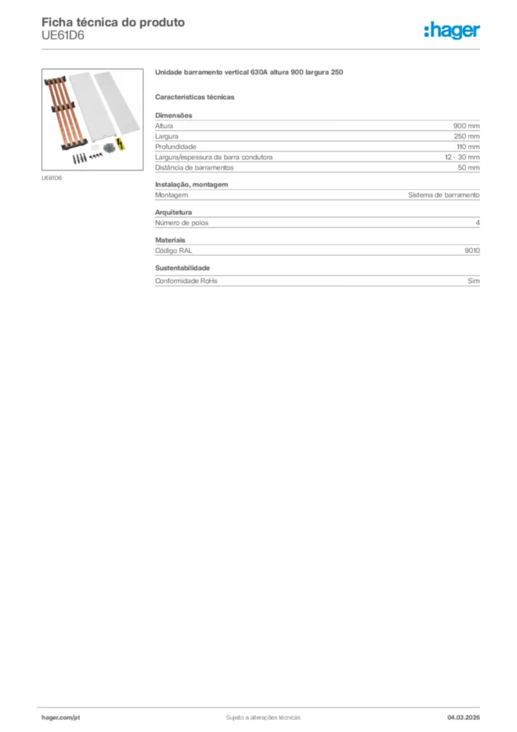 Imagem Hager Ficha técnica do produto UE61D6 | Hager Portugal