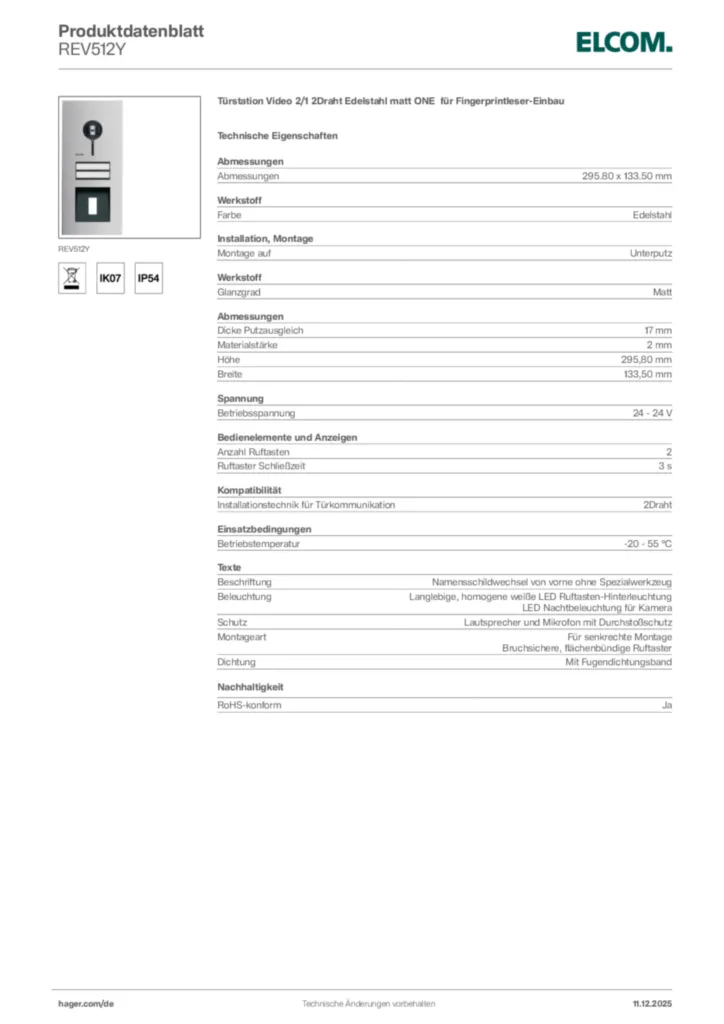 Bild Elcom Produktdatenblatt REV512Y | Hager Deutschland