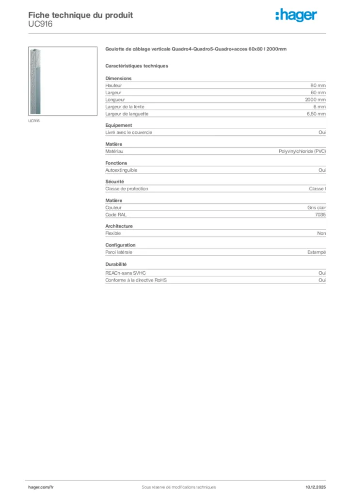 Image Hager Fiche technique du produit UC916 | Hager France
