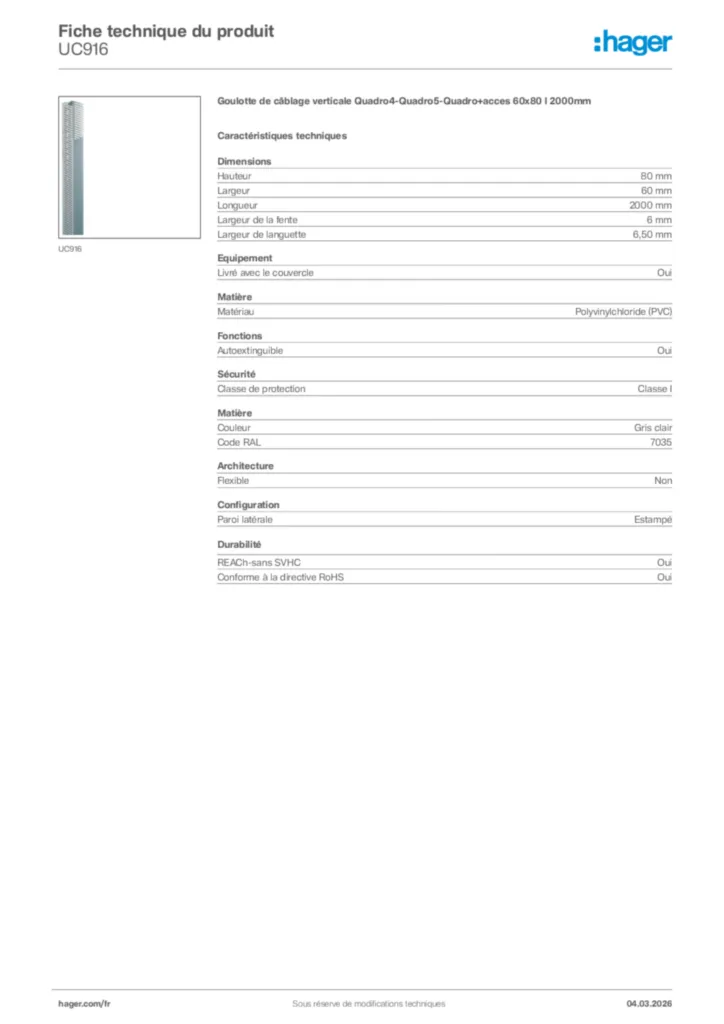 Image Hager Fiche technique du produit UC916 | Hager France