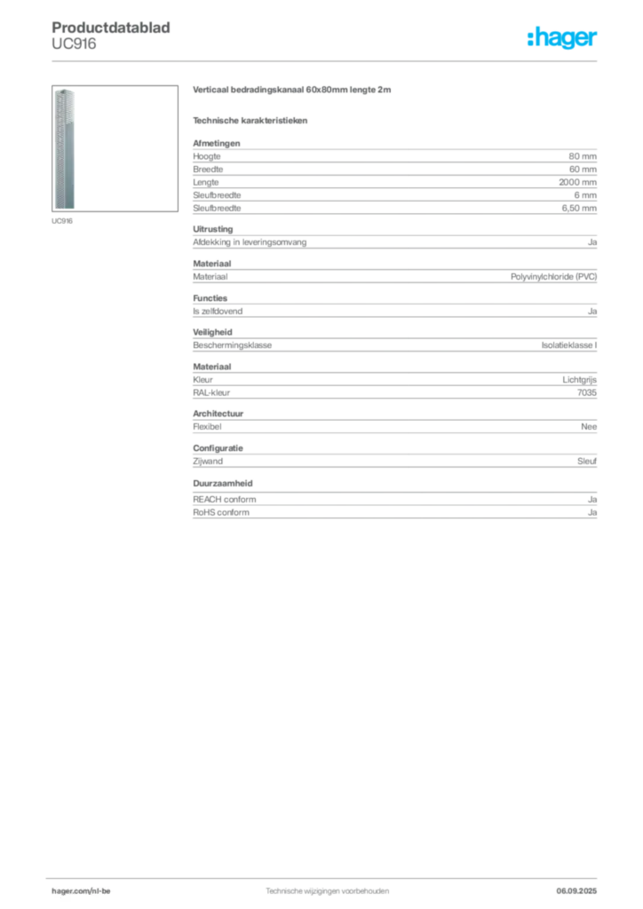 Afbeelding Hager Productdatablad UC916 | Hager Belgium