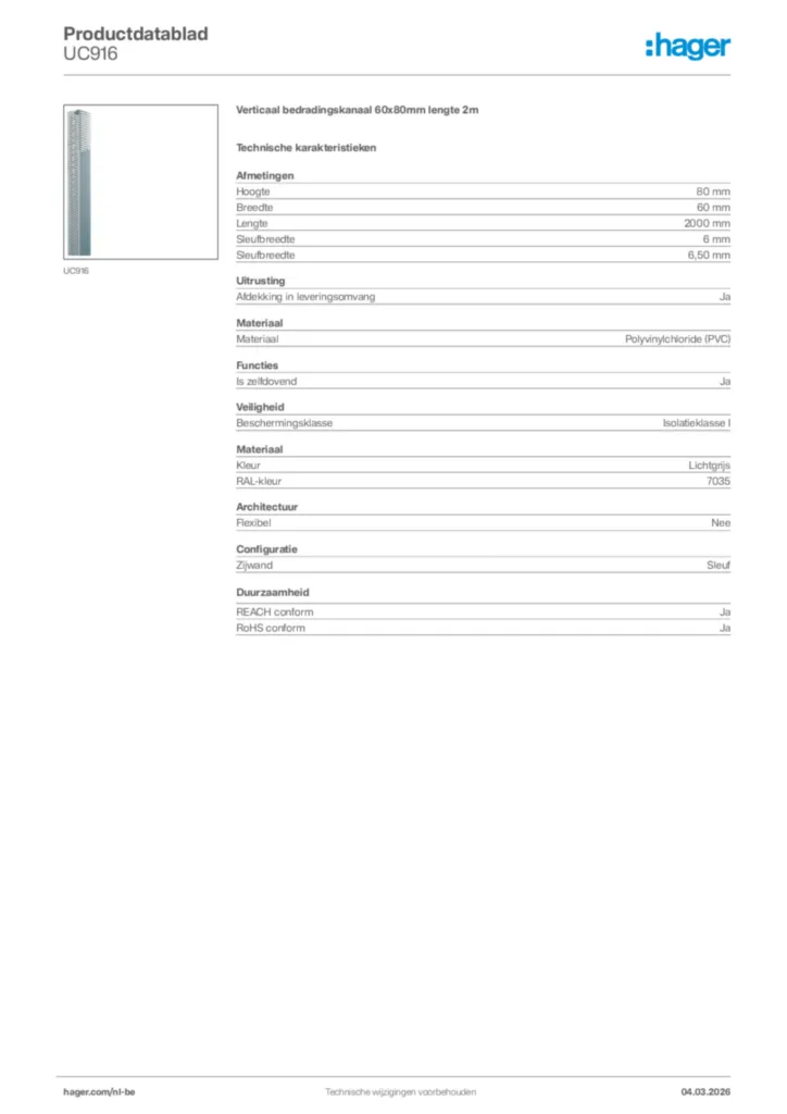 Afbeelding Hager Productdatablad UC916 | Hager Belgium