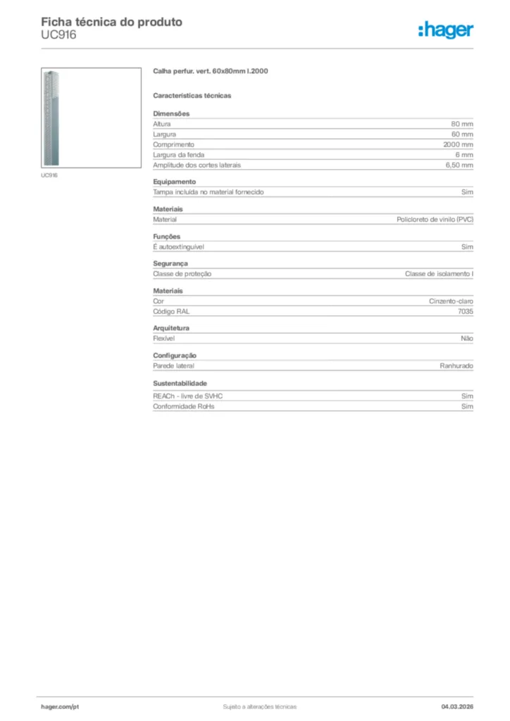 Imagem Hager Ficha técnica do produto UC916 | Hager Portugal