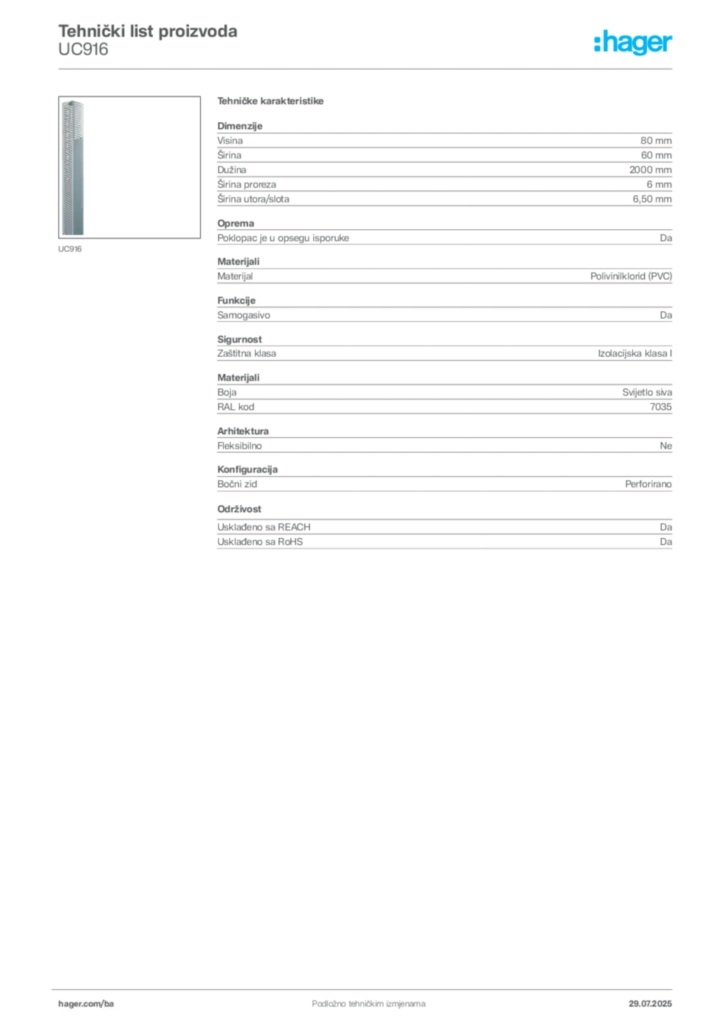Slika Hager Product data sheet UC916  | Hager